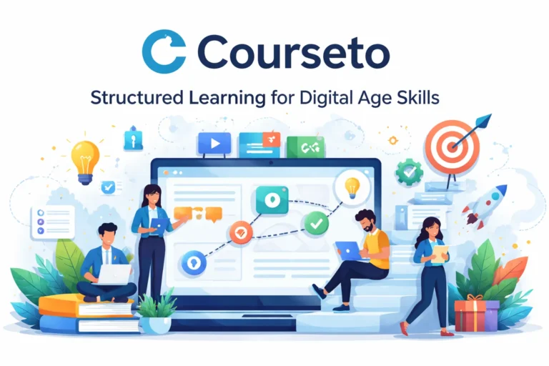 Illustration of Courseto online learning platform with learners using laptops and tablets, showing skill paths, badges, and career growth icons