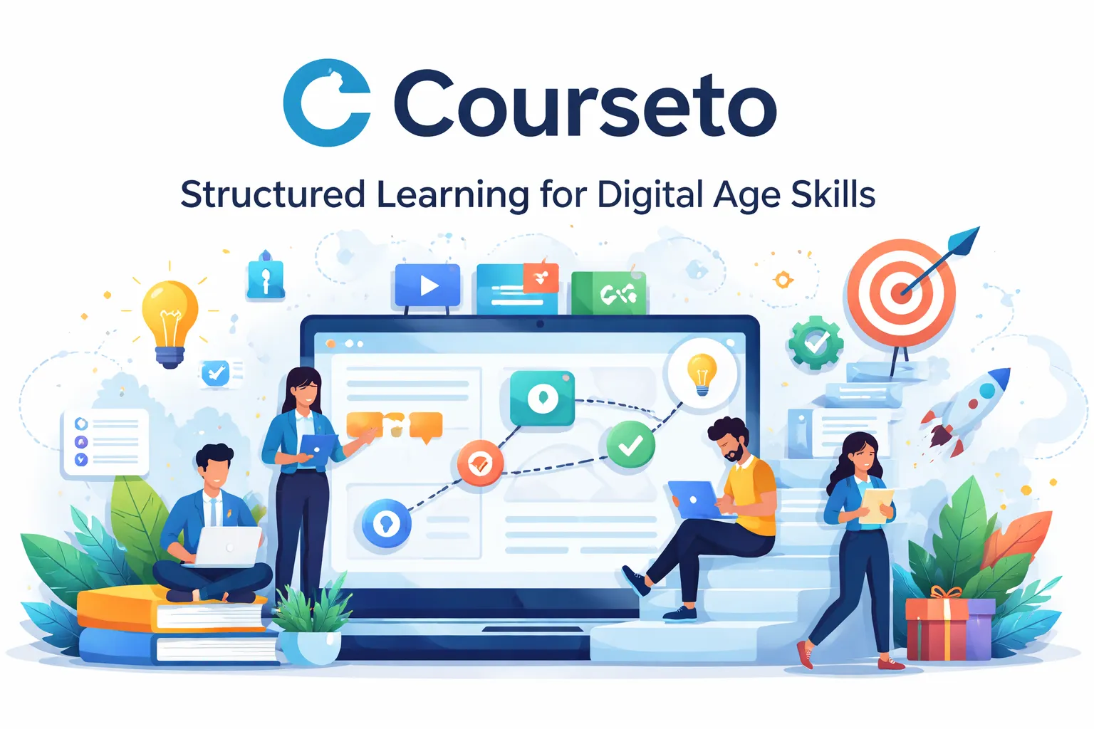 Illustration of Courseto online learning platform with learners using laptops and tablets, showing skill paths, badges, and career growth icons