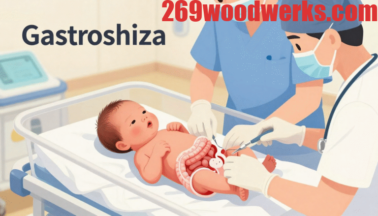 Illustration of a newborn with gastroshiza receiving medical care in a NICU, showing intestines outside the abdominal wall