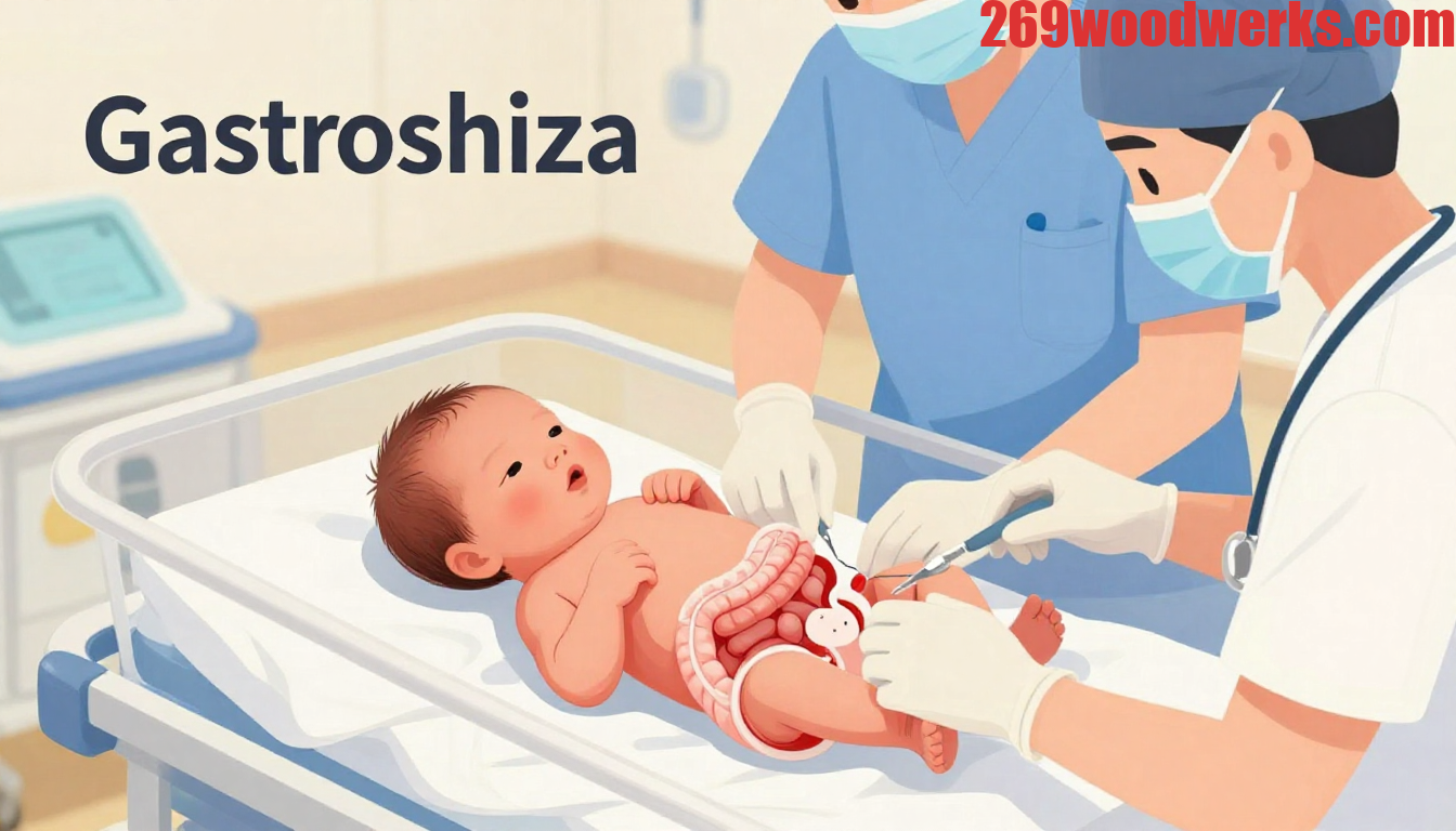 Illustration of a newborn with gastroshiza receiving medical care in a NICU, showing intestines outside the abdominal wall