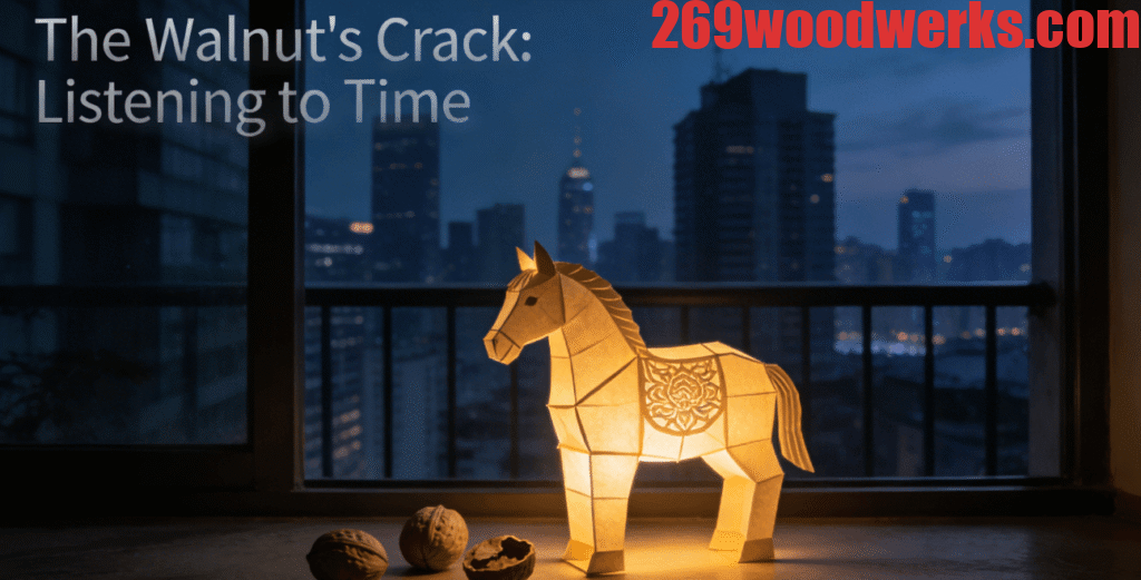 On the balcony windowsill of a modern urban apartment, a traditional horse-shaped paper lantern glowing with warm light rests quietly beside a few walnuts, while the blurred city lights beyond the window frame the scene. This imagery symbolizes the quest for a profound connection with traditional rhythms in contemporary life.