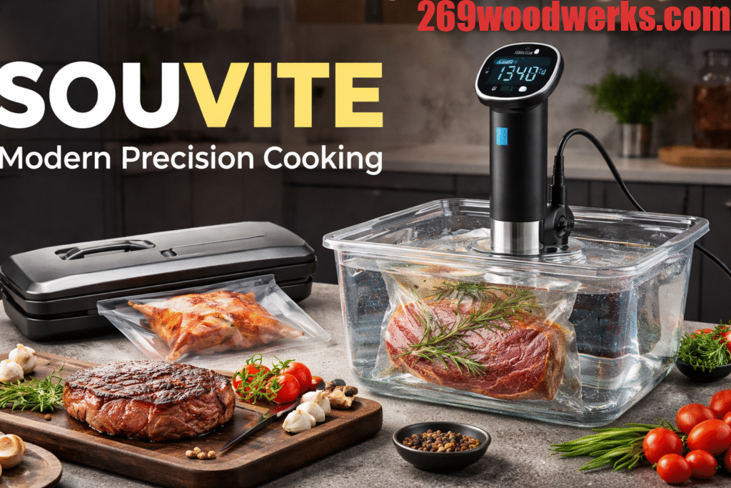 Chef cooking steak and vegetables in vacuum-sealed bags using an immersion circulator