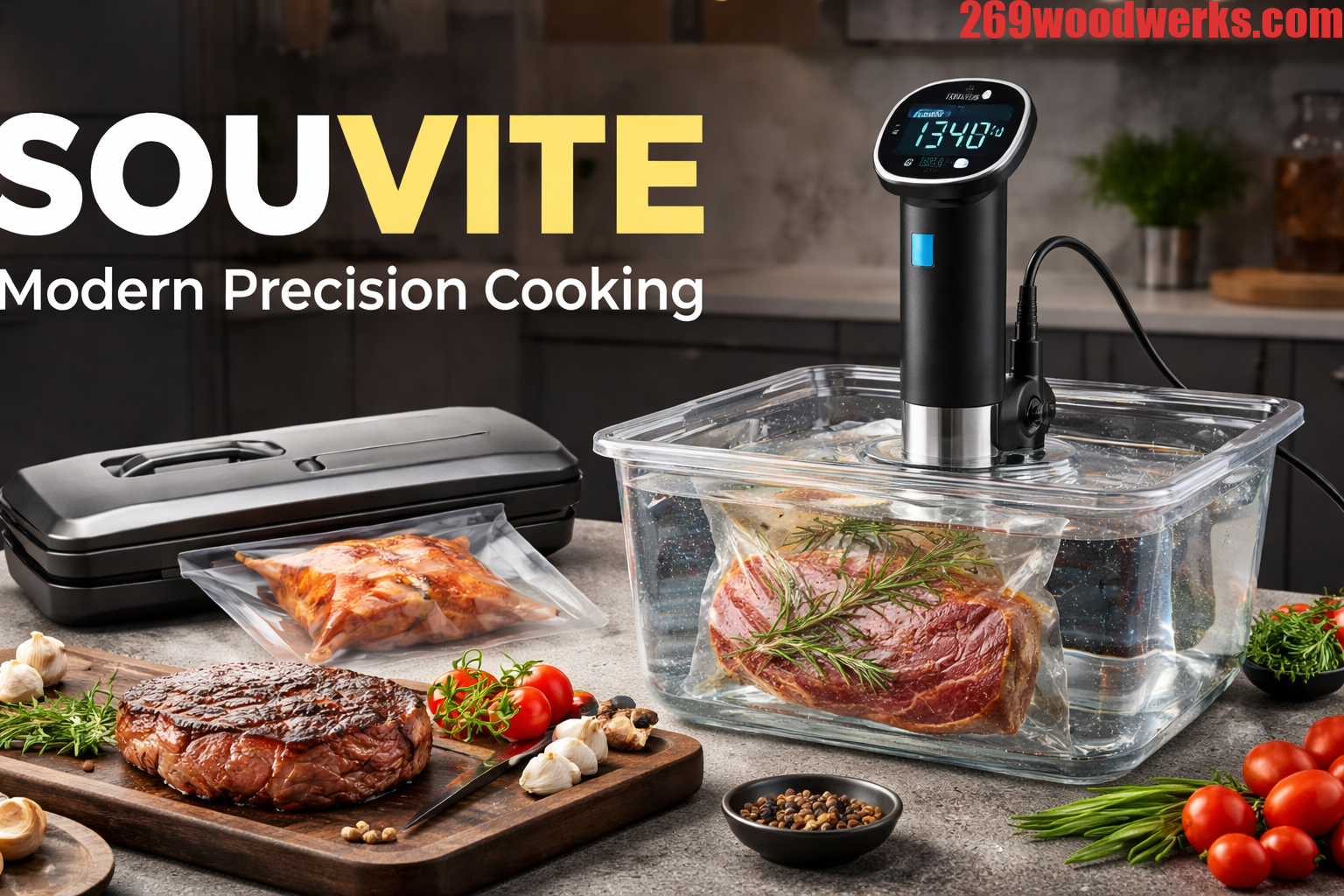 Chef cooking steak and vegetables in vacuum-sealed bags using an immersion circulator