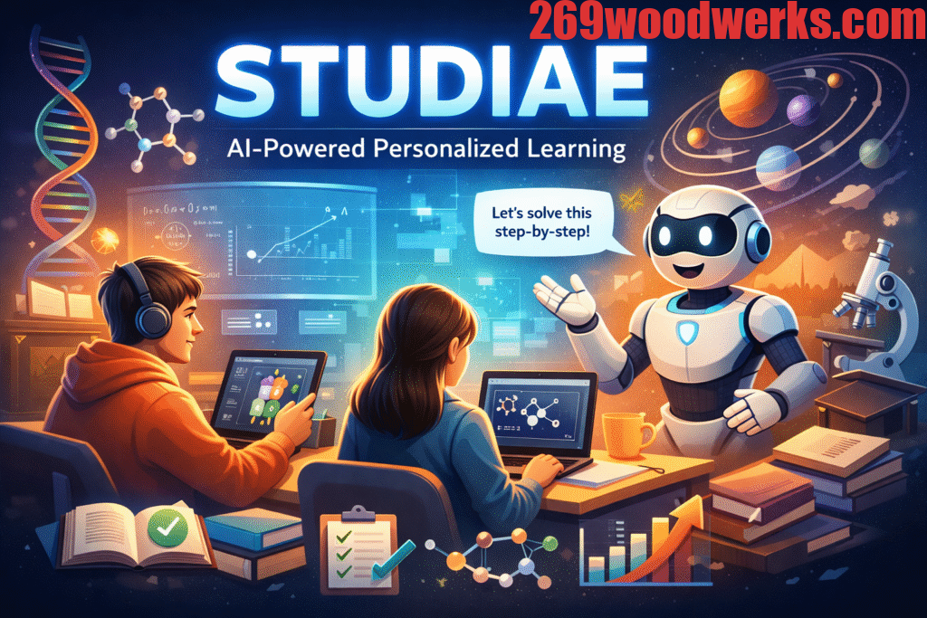 Screenshot of Studiae AI-powered learning platform showing interactive notes and chatbot for students
