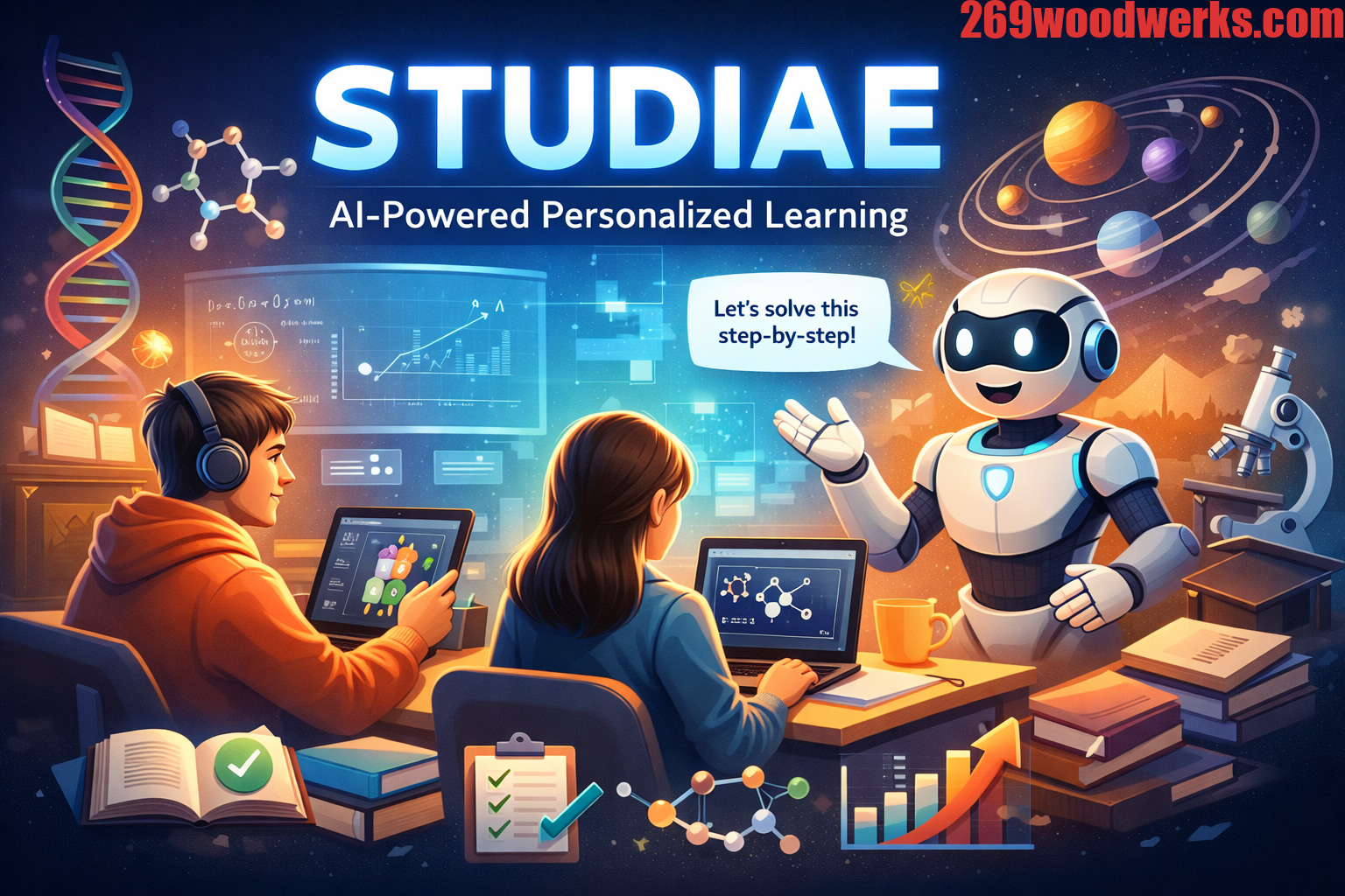 Screenshot of Studiae AI-powered learning platform showing interactive notes and chatbot for students