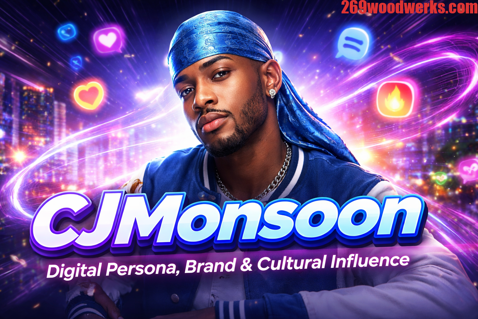 CJMonsoon, a modern digital influencer, representing creativity, fashion, and community engagement with a vibrant digital background.
