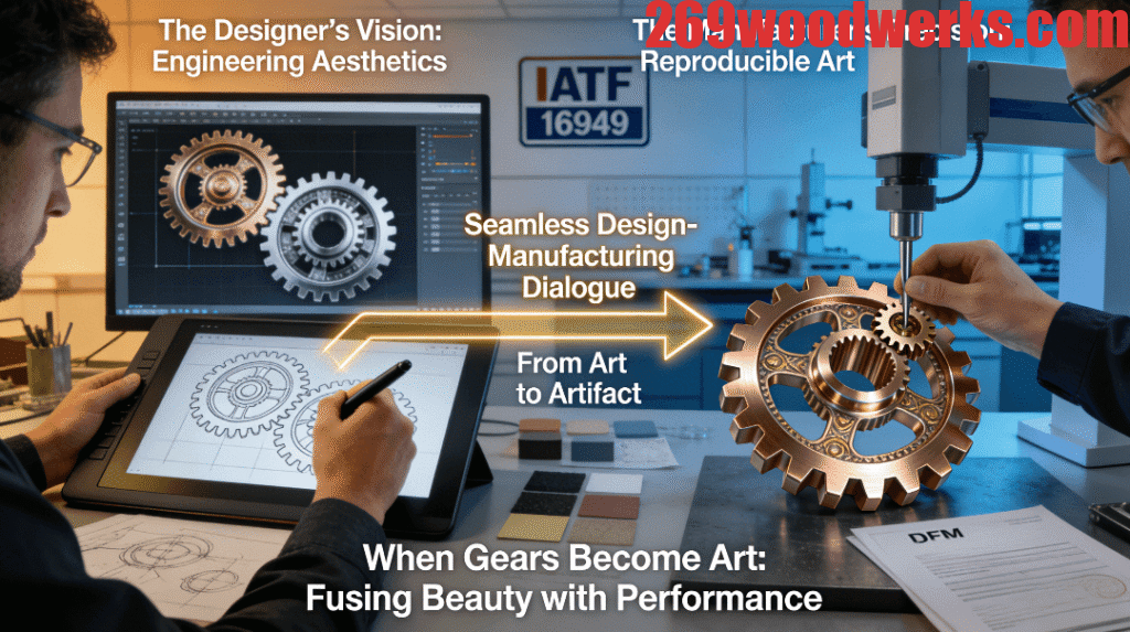 A high-fidelity, realistic photo showing a designer's hand sketching a complex, aesthetic gear on a tablet, connected by a golden arrow to a manufacturing engineer's hand measuring the precisely manufactured, mirror-polished bronze gear sample on a CMM, symbolizing the seamless integration of design and precision manufacturing.