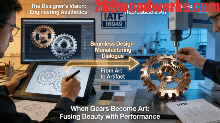 A high-fidelity, realistic photo showing a designer's hand sketching a complex, aesthetic gear on a tablet, connected by a golden arrow to a manufacturing engineer's hand measuring the precisely manufactured, mirror-polished bronze gear sample on a CMM, symbolizing the seamless integration of design and precision manufacturing.