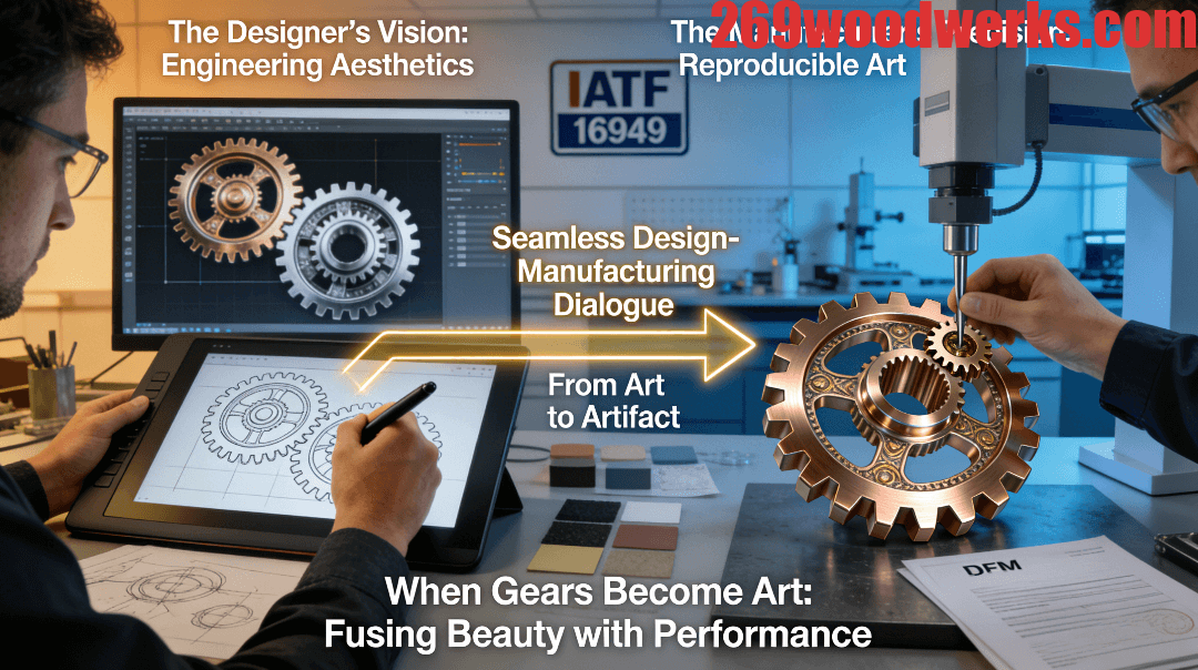 A high-fidelity, realistic photo showing a designer's hand sketching a complex, aesthetic gear on a tablet, connected by a golden arrow to a manufacturing engineer's hand measuring the precisely manufactured, mirror-polished bronze gear sample on a CMM, symbolizing the seamless integration of design and precision manufacturing.