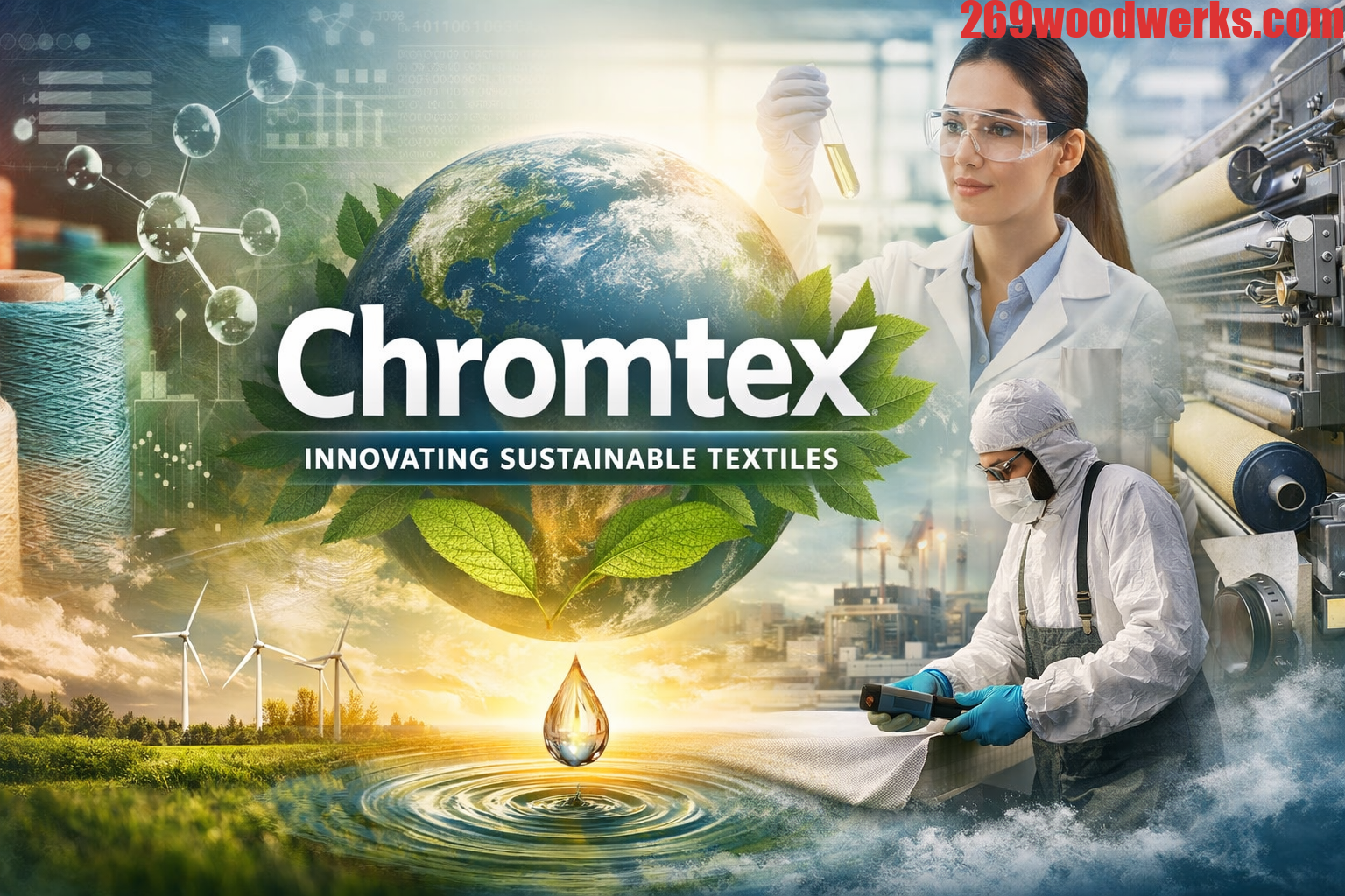 High-tech textile laboratory showcasing Chromtex sustainable fabric solutions with eco-friendly processes